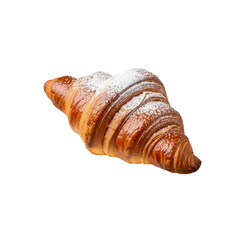 A perfectly baked, glossy, flaky French croissant with powdered sugar, on a white plate against a transparent background, commercial food advertisement concept