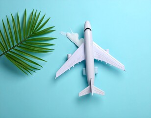 Light blue background with toy airplane and palm leaf