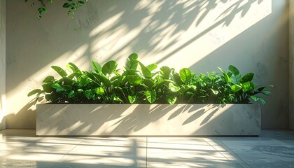 A Lush Green Plant Display in a Modern Open Concept Office Animation, Bathed in Soft Sunlight and Shadow Patterns