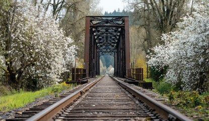 Fototapeta premium Old railway bridge through blossoming trees