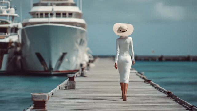 Stylish woman in white hat standing near a luxury cruise ship, symbolizing travel, sophistication, and glamorous summer lifestyle.
