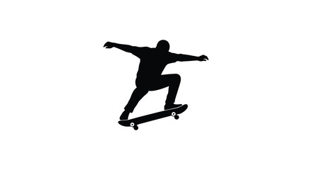 Silhouette of a skateboarder in action against a plain white background