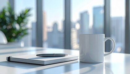 A serene workspace scene in an open concept office animation, with a coffee mug and notebook on a desk against a blurred city skyline concept