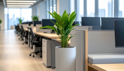 Modern open concept office animation design showcasing bright workstations and green potted plant for a professional and productive work environment