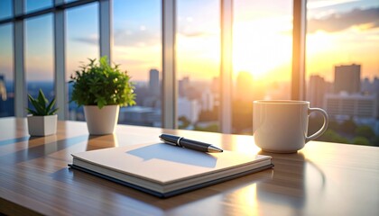 Serene Open Concept Office Animation Vibes Notebook, Pen, Coffee, and Plant Glimmering in Sunrise Office Light