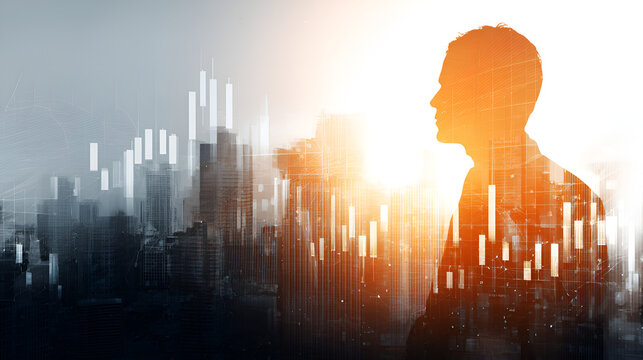 Silhouette of a man with cityscape and stock market graph overlayed in a double exposure effect