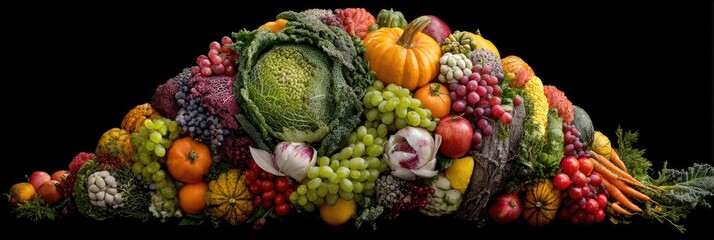 A cornucopia of colorful fruits and vegetables arranged against a black background. A visually appealing display of fresh produce. Abundant and healthy