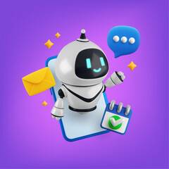 Vector cartoon 3d AI chat bot assistant banner. Realistic 3d render robot character on smartphone screen with message, mail, calendar icons. Artificial intelligence support service concept.