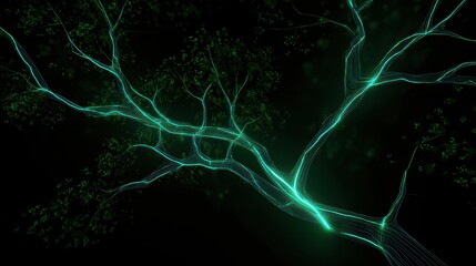 A glowing, digital representation of a tree with intricate branches, illuminated by bright green lines against a dark background.