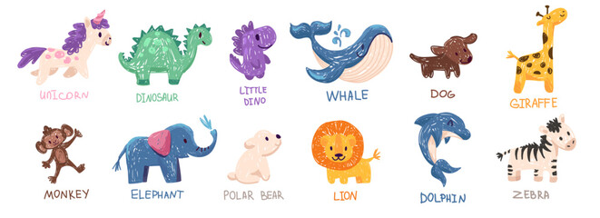 Cute crayon animal set, cute baby animal illustration, kids doodle scribbles with unicorn, dinosaur, whale, dino naive wax crayon art. Vector Cartoon hand drawn childish sketches