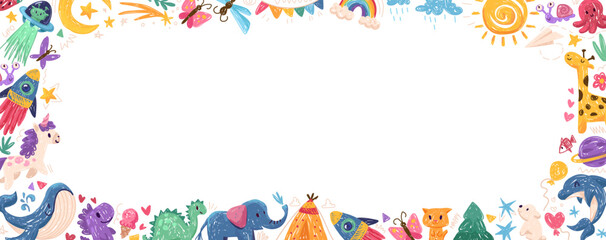 Colorful kid crayon frame with animal doodles drawn by colorful crayons. Childlike border with pencils and childish drawings on paper. Vector illustration for certificate, diploma, poster, bg