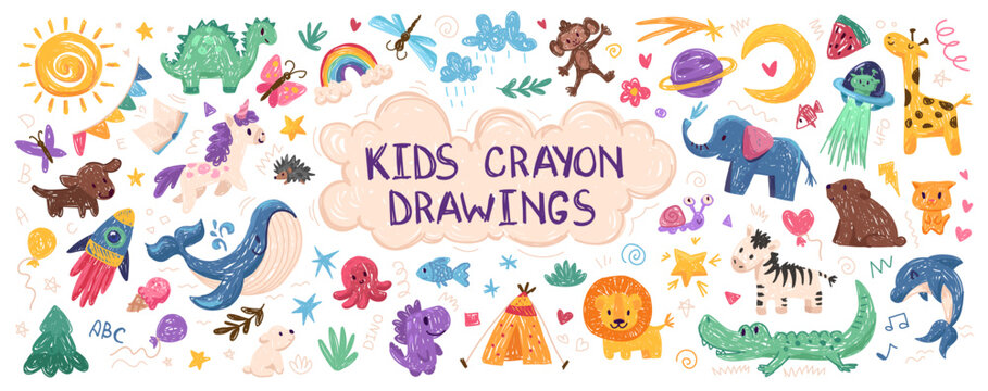 Kids drawing illustration, vector hand drawn children doodles. Cute kids background for your design, diploma, certificate. Vector cartoon elements on paper bg