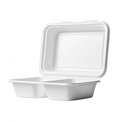 Open rectangular white food container, likely compostable, with two compartments