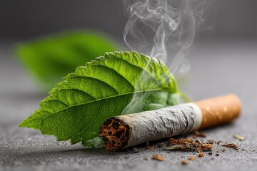 Burning cigarette with fresh green tobacco leaf symbolizing contrast between natural origin and harmful smoking effects, concept of health, addiction, and environmental impact