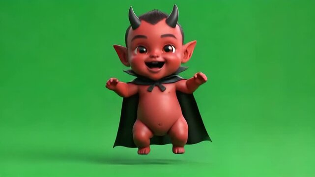 Animated Devil Baby: Joyful Demon Child on Green Screen Background