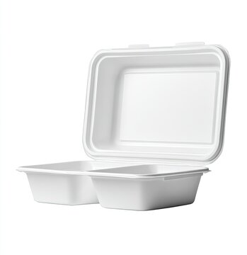 Open rectangular white food container, likely compostable, with two compartments
