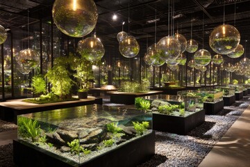 Modern, tranquil indoor exhibit with plants & aquariums