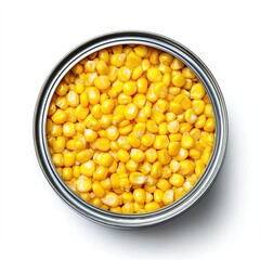 Top-down view of a metal can filled with yellow corn kernels