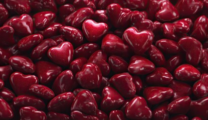 Close-up of many glossy, dark red hearts