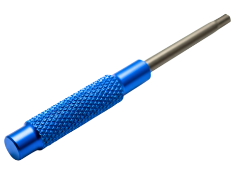 Steel pin punch tool with a blue knurled aluminum handle on a transparent background