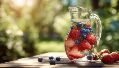 Clear pitcher filled with sliced strawberries and blueberries in water, on a wooden table outdoors. Sunny bokeh background