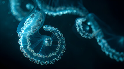 Close up of translucent blue jellyfish with glowing edges in dark ocean water setting