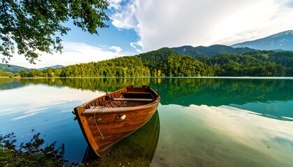 Tranquil lake scene with a wooden boat