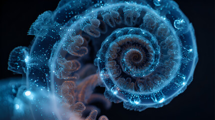 A glowing spiral structure with blue light and intricate details on a dark background design element