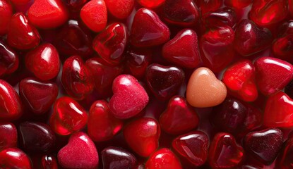 Close-up of many small heart-shaped candies, varying in shade of red and a single light peach heart