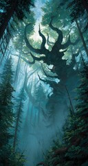 Massive, gnarled tree dominates misty forest