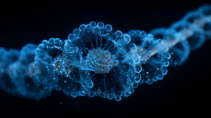 Illuminated chain of interconnected glowing blue spheres on a dark background in a macro view