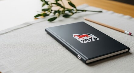 Black notebook with 2026 sticker on table with green plant Concept of New Year 2026  