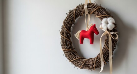 Decorative wreath with red horse and cotton accent for New Year 2026  