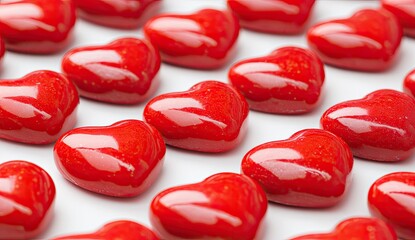 Many small, glossy red hearts arranged in rows on a white surface