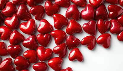 Red heart-shaped objects scattered on white background