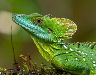 Obraz premium Close-up of a vibrant green lizard