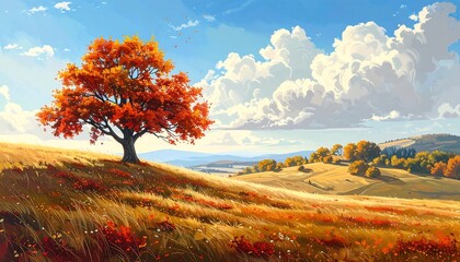 Fototapeta premium A vibrant autumn landscape showcases a solitary tree with fiery orange leaves, standing tall on a golden hill overlooking a valley filled with colorful foliage.