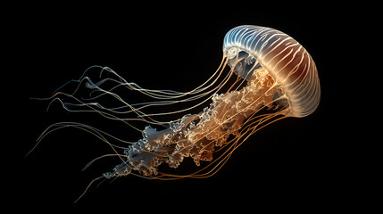 A jellyfish with long tentacles floating in dark water creating a beautiful underwater scene view