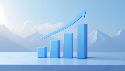 Light blue bar graph rising against a backdrop of mountains