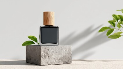 Minimalist cosmetic display.  Dark glass bottle with light wood cap atop a light gray stone cube, with soft green leaves and shadow