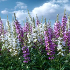 Obraz premium Lush field of vibrant purple and white flowers under a partly cloudy sky