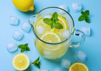 Fototapeta premium Glass jug of cold lemonade on white background with fresh slices and ice cubes