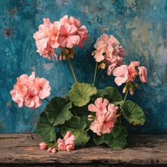 Pink geraniums on weathered wood against teal wall