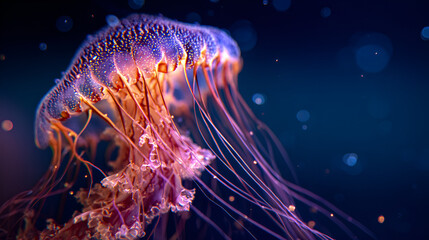 A jellyfish with long flowing tentacles floating in the deep blue ocean water with bokeh effect