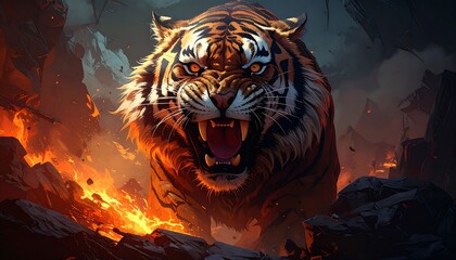 A ferocious tiger roars amidst a fiery, volcanic landscape, showcasing a powerful and dramatic scene.