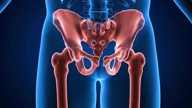 Human Pelvis Anatomy Illustration Featuring Bones On Blue X-ray Background