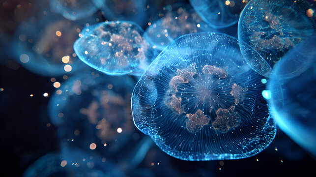 A close up view of several jellyfish with a blue hue and particles floating around them - Powered by Adobe