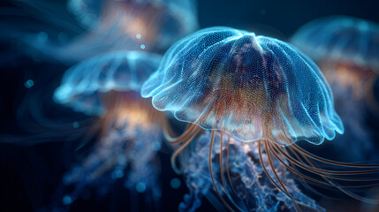 A group of jellyfish swimming in dark blue water with a soft glow and long flowing tentacles