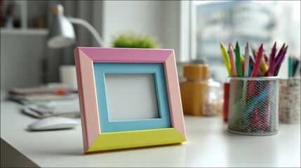Pastel Pop Art Desk Mockup with Blank Vertical Frame and Tropical Shadow