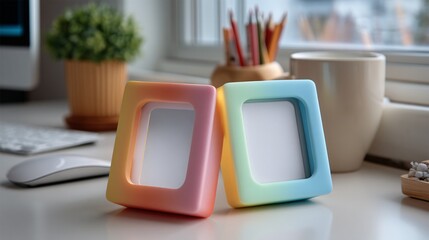 Pastel Pop Art Desk Mockup with Blank Vertical Frame and Tropical Shadow